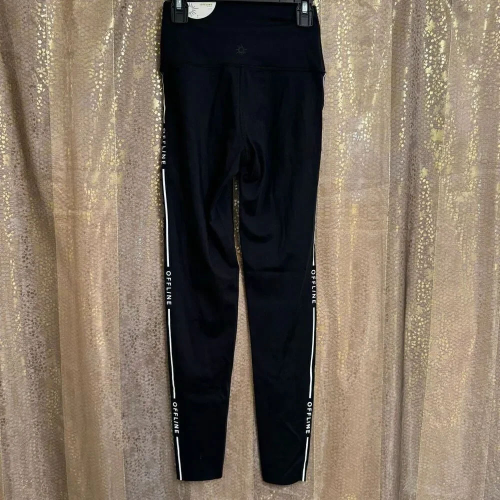 Aerie OFFLINE Goals Logo Leggings Black 7/8 Length Hi‎ Rise Small NWT